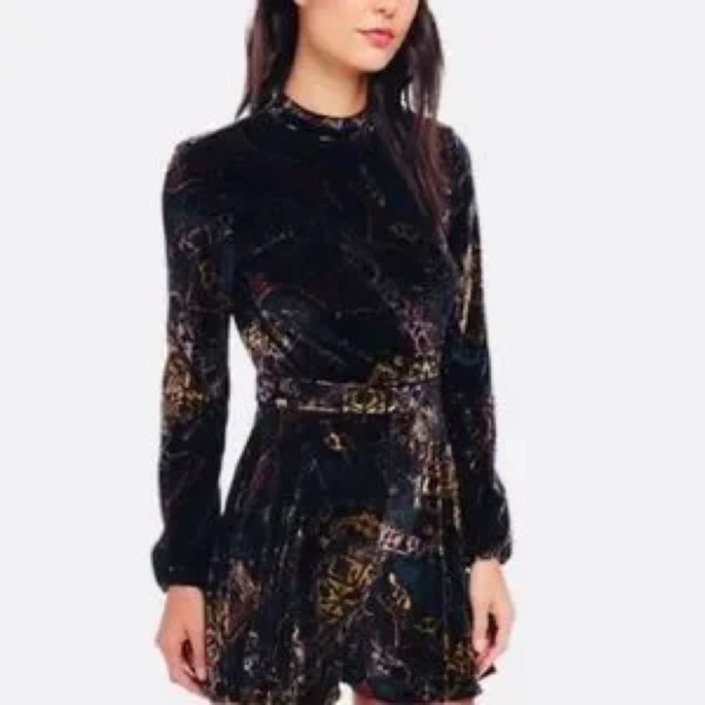 Free People Open Back Printed Velvet Romper, Emerald Mix, Size 4